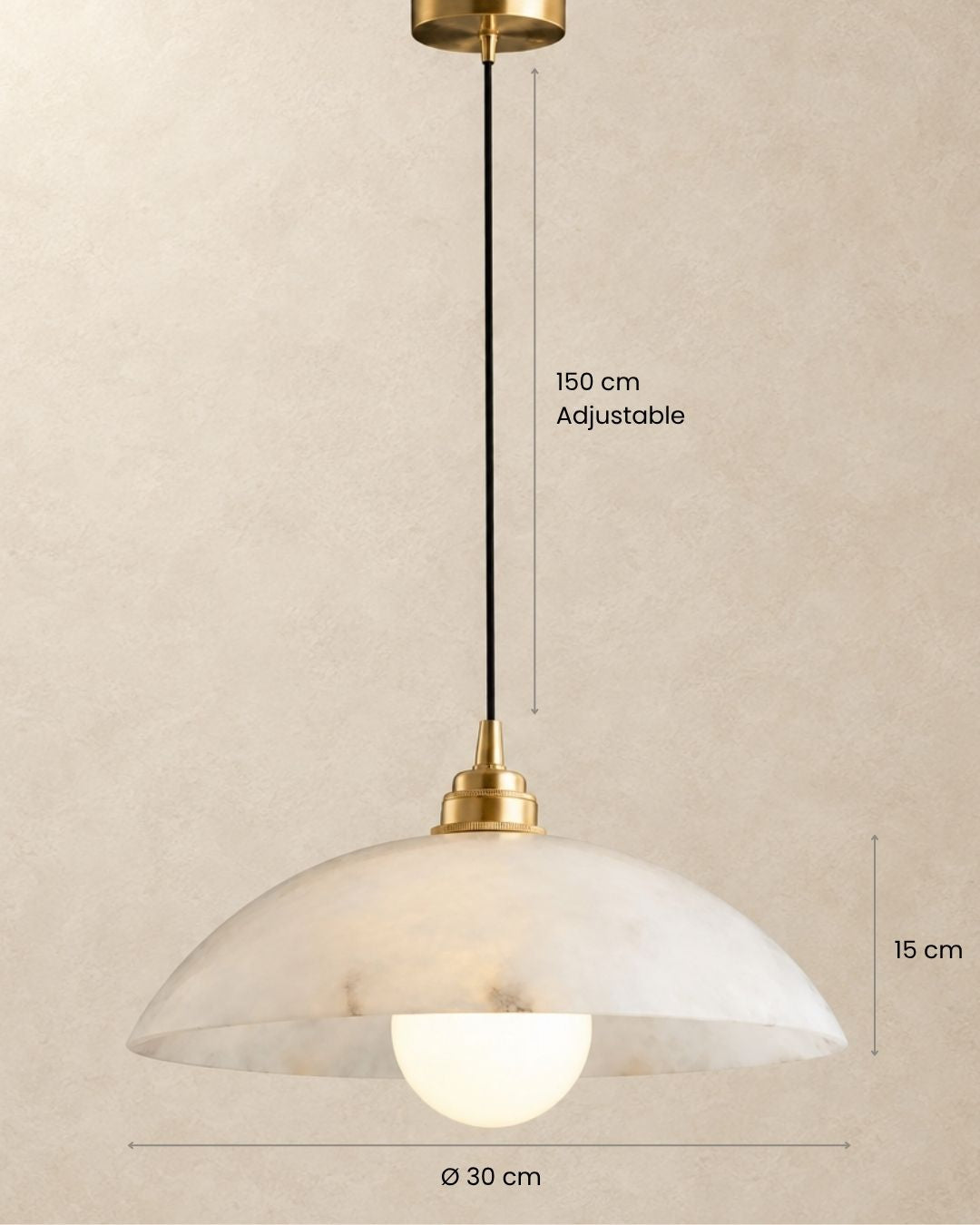 Dimensions of the Solvi pendant light in marble and gold