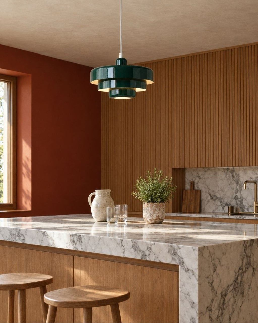 Tessia pendant light in green, hanging in a kitchen above a dining area