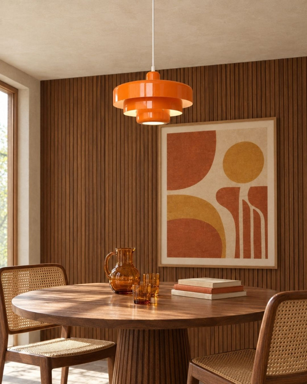 Tessia pendant light in orange, hanging above a dining table with artwork behind