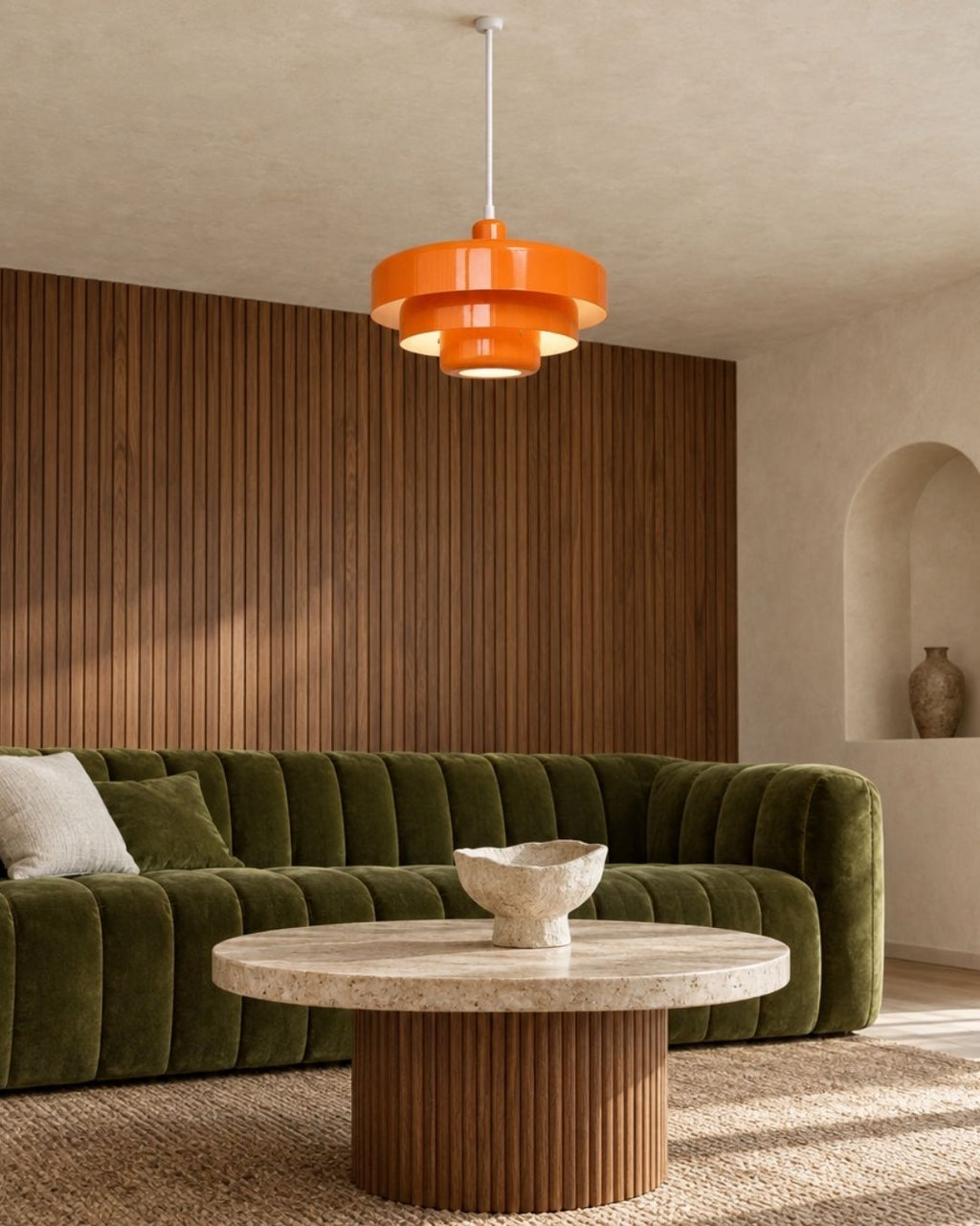 Tessia pendant light in orange, hanging in a living room with a sofa and marble coffee table