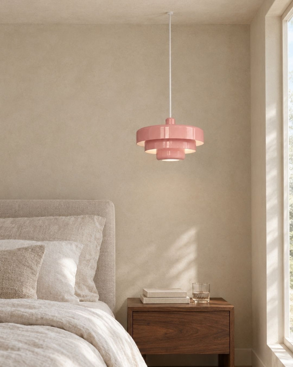 Tessia pendant light in pink, hanging above a bedside table in a bedroom