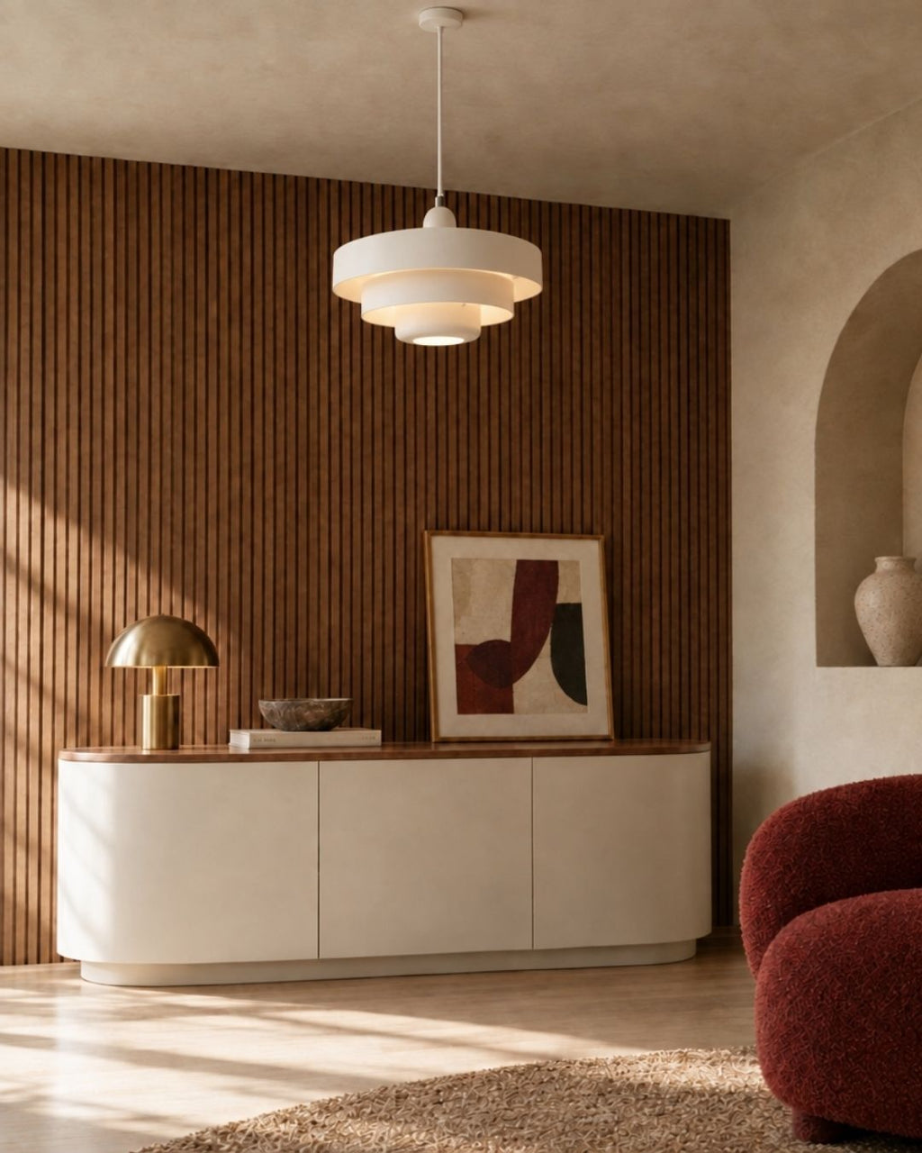 Tessia pendant light in white, hanging above a sideboard in a living room