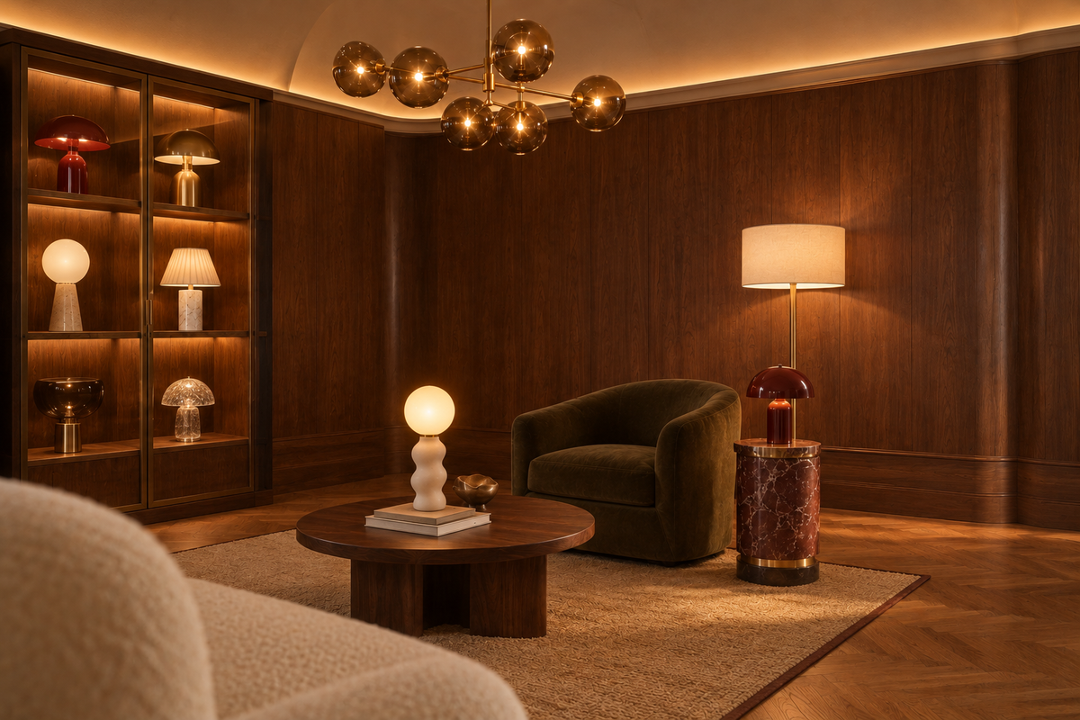 Dark wood lounge lit by a globe chandelier and table lamps