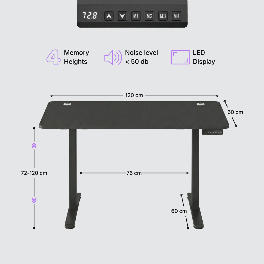 Standing desk Deskon in black, Height electric adjustable, features and dimension