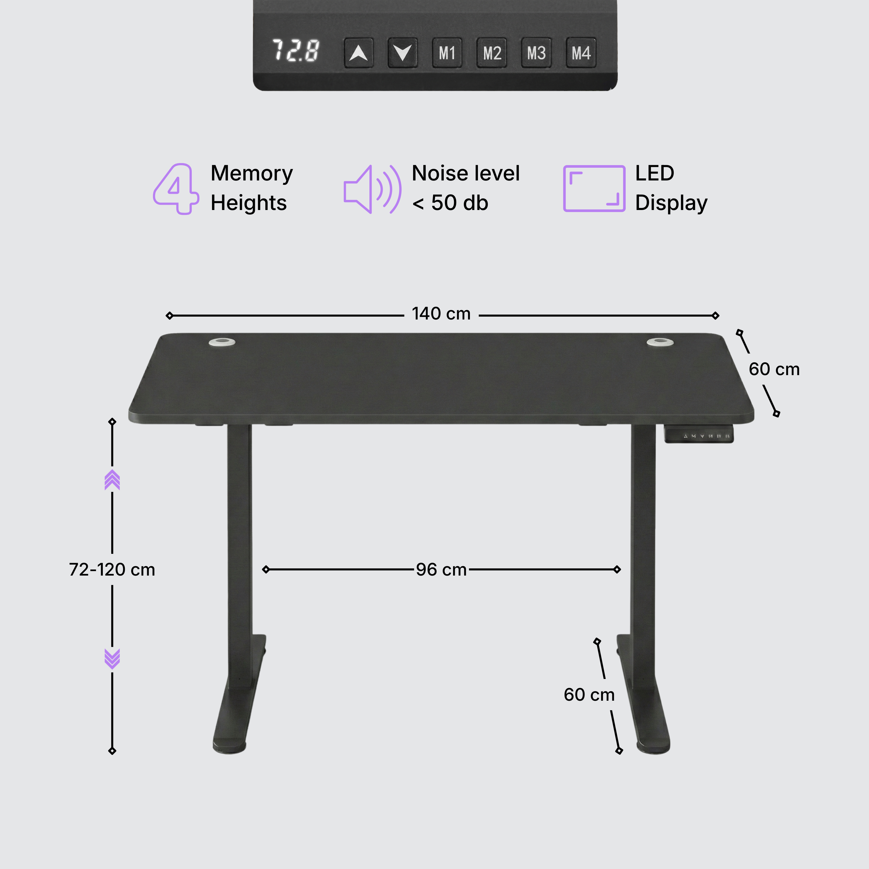 Standing desk Deskon 140x60 in black, Height electric adjustable, features and dimension