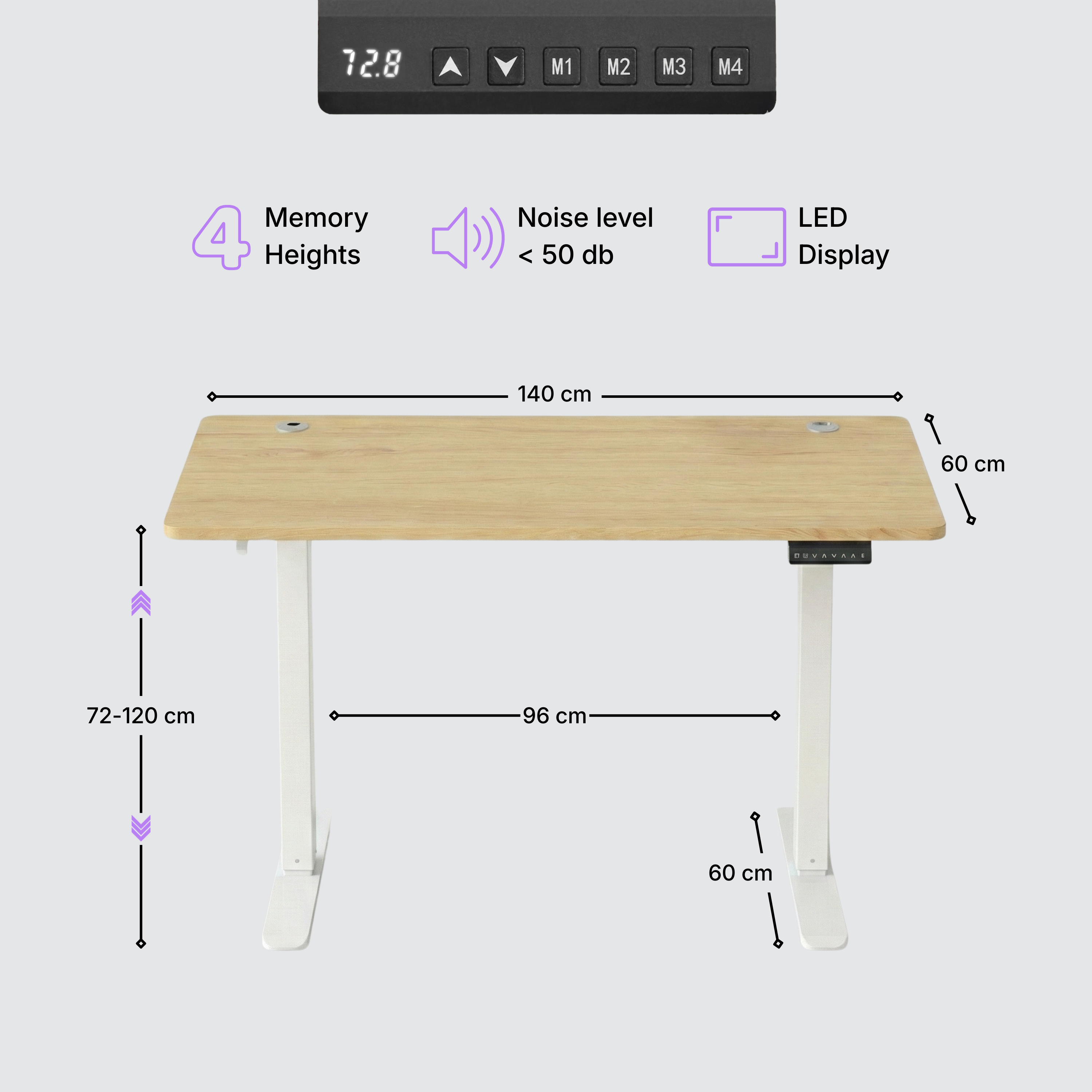 Standing desk Deskon in light brown 140x60, Height electric adjustable, features and dimension
