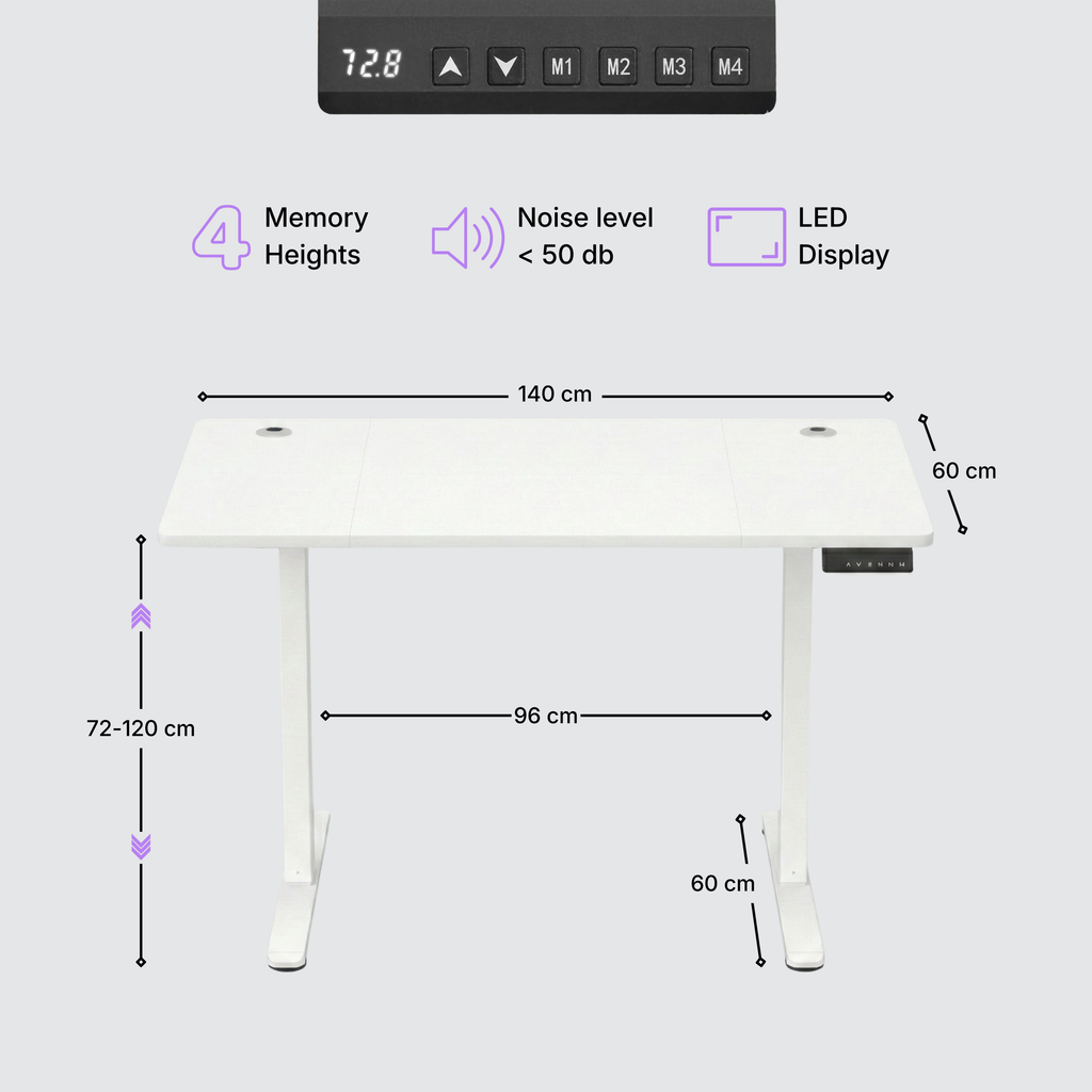 Standing desk Deskon in white 140x60, Height electric adjustable, features and dimension