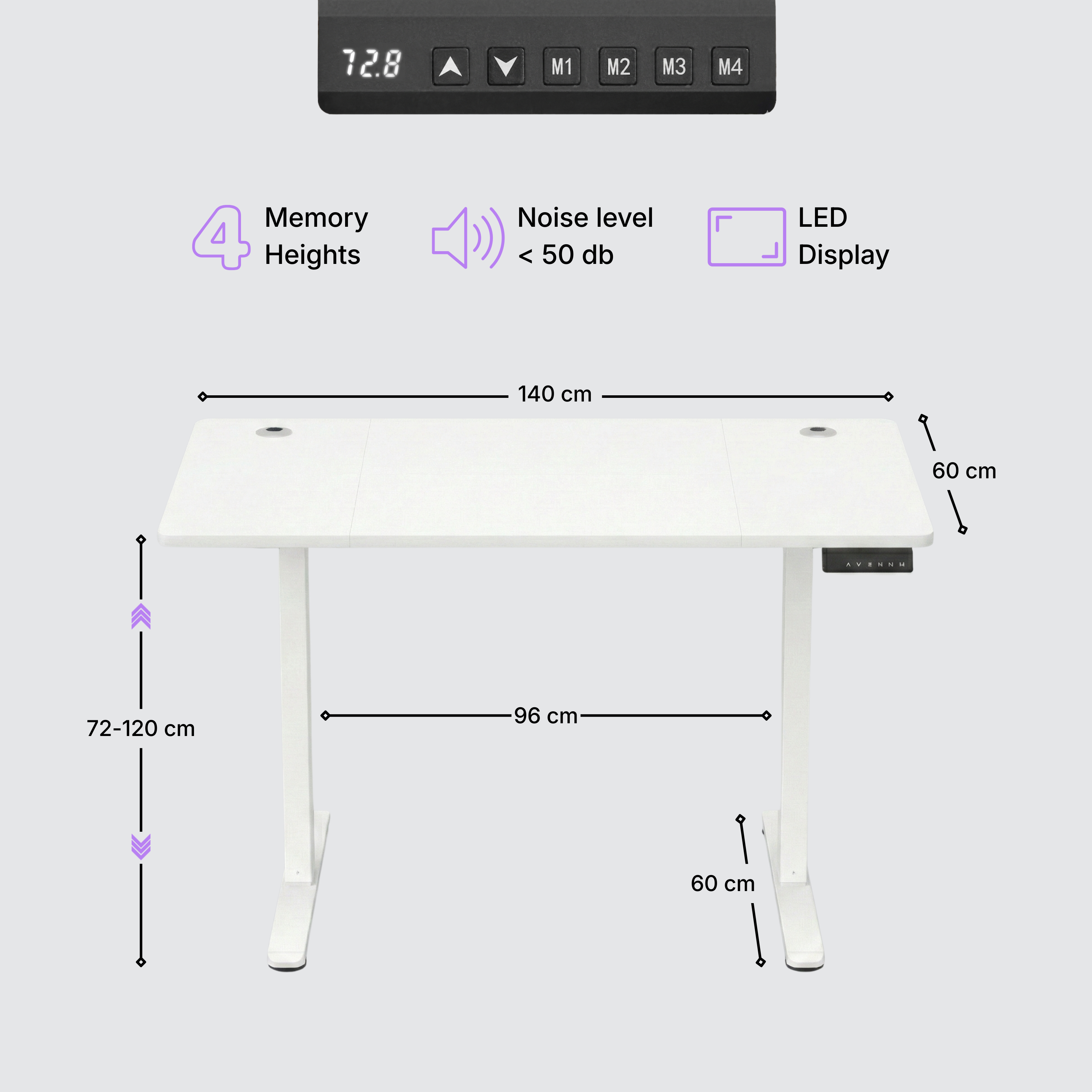 Standing desk Deskon in white 140x60, Height electric adjustable, features and dimension