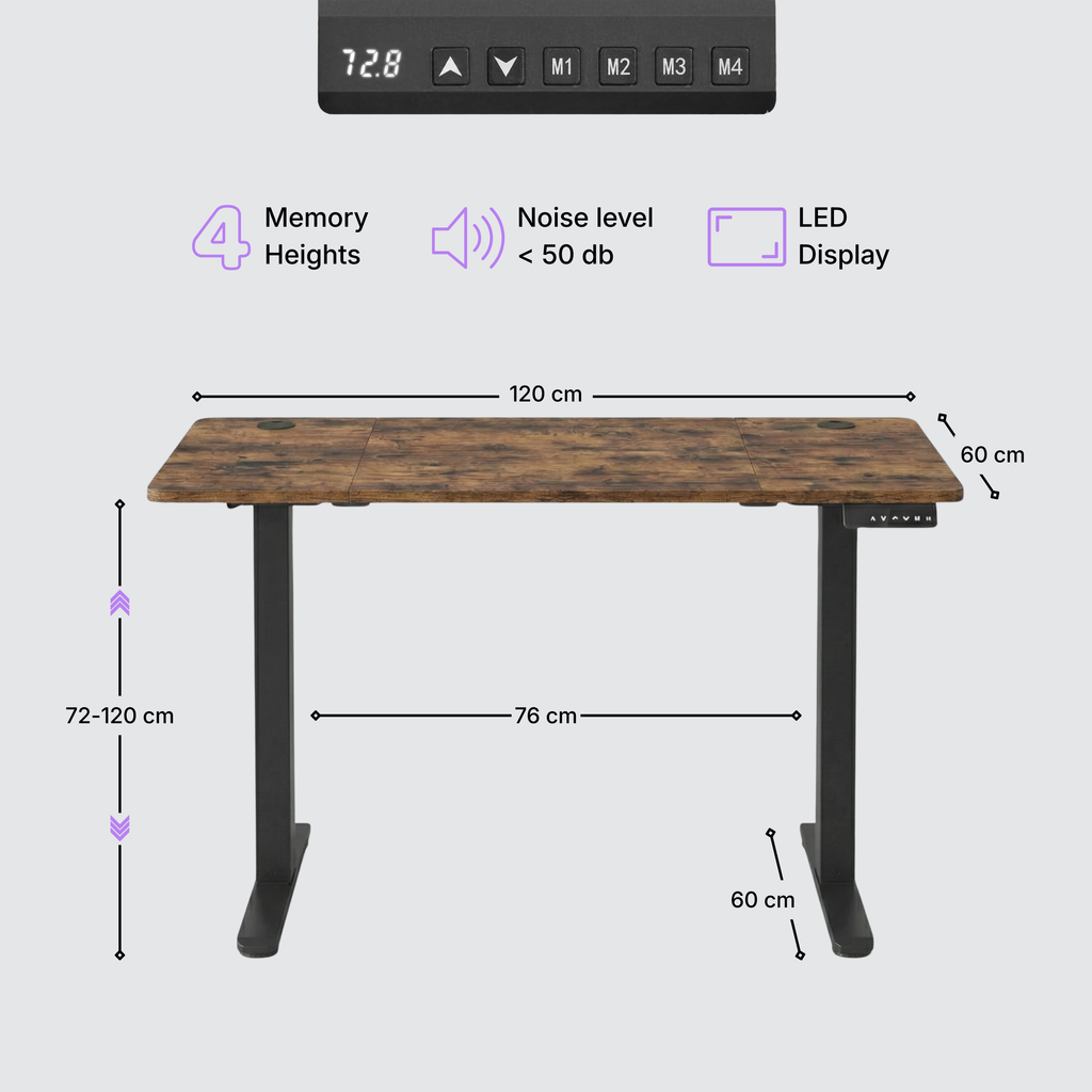 Standing desk Deskon in brown, Height electric adjustable, features and dimension
