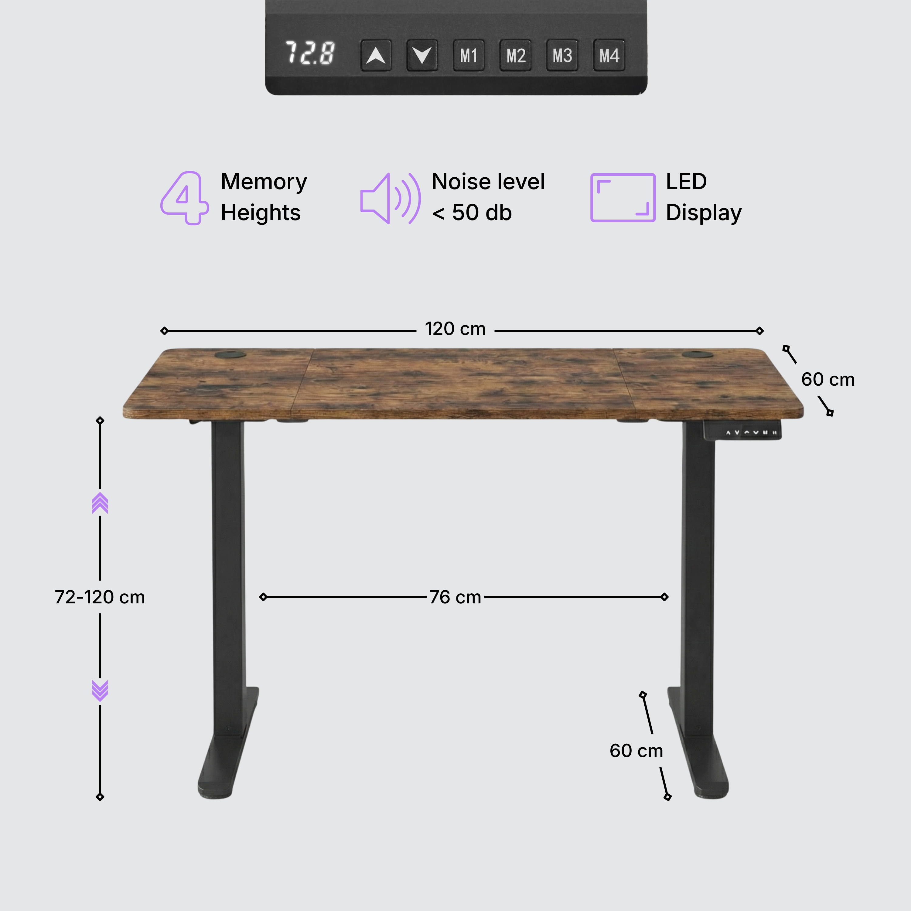 Standing desk Deskon in brown, Height electric adjustable, features and dimension