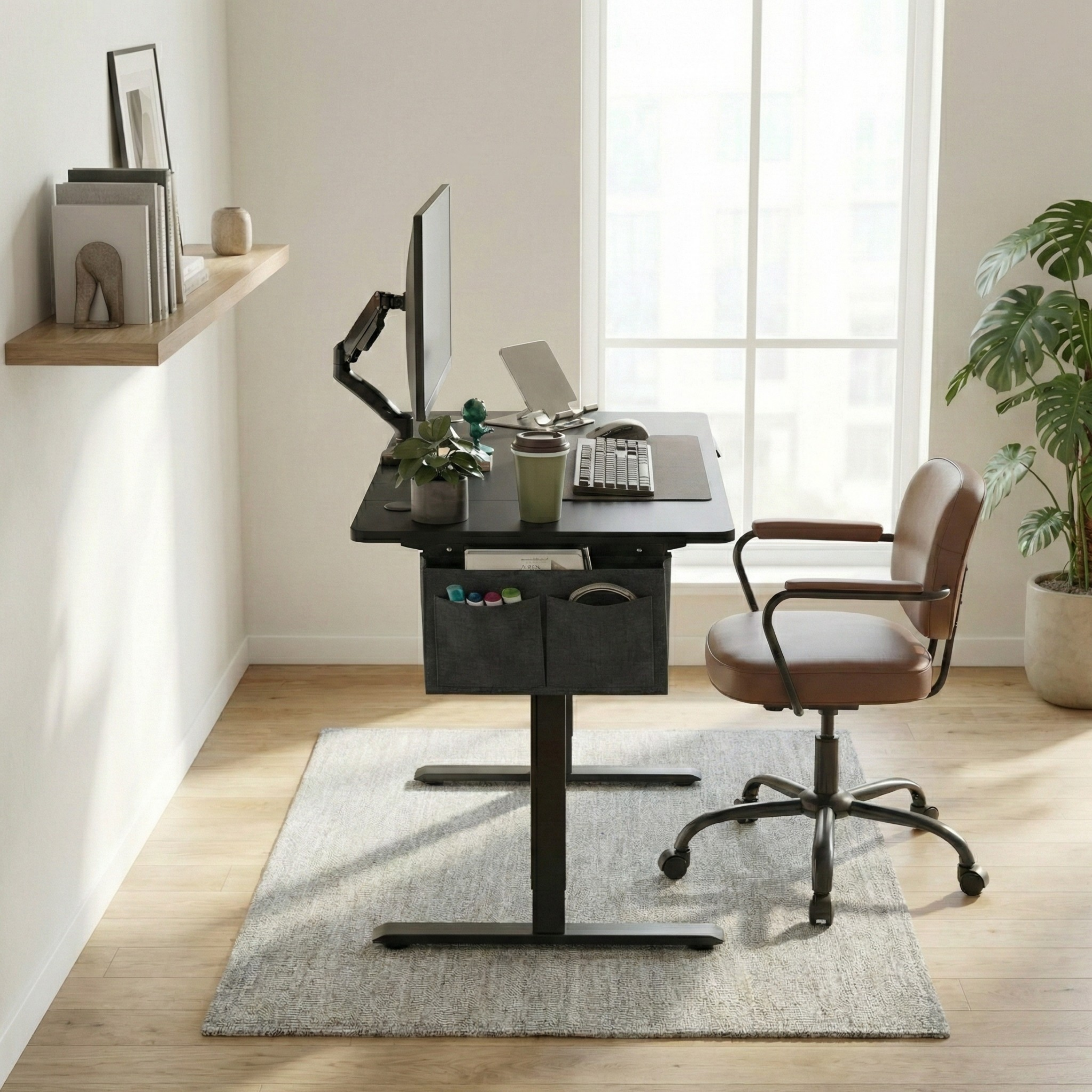 Standing desk Deskon in black, Height electric adjustable, in a modern office, different view
