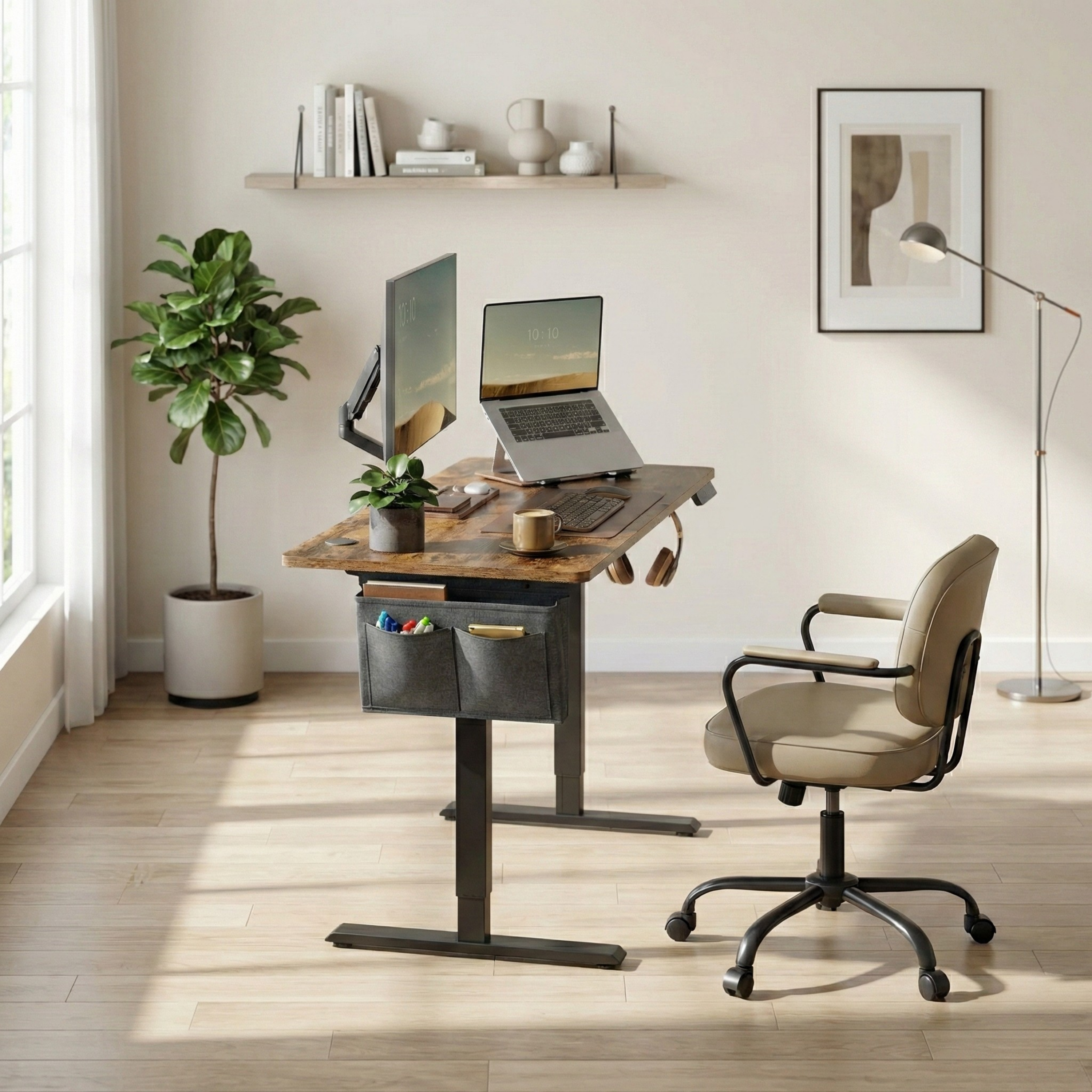 Standing desk Deskon in brown, Height electric adjustable, in a modern office, different view