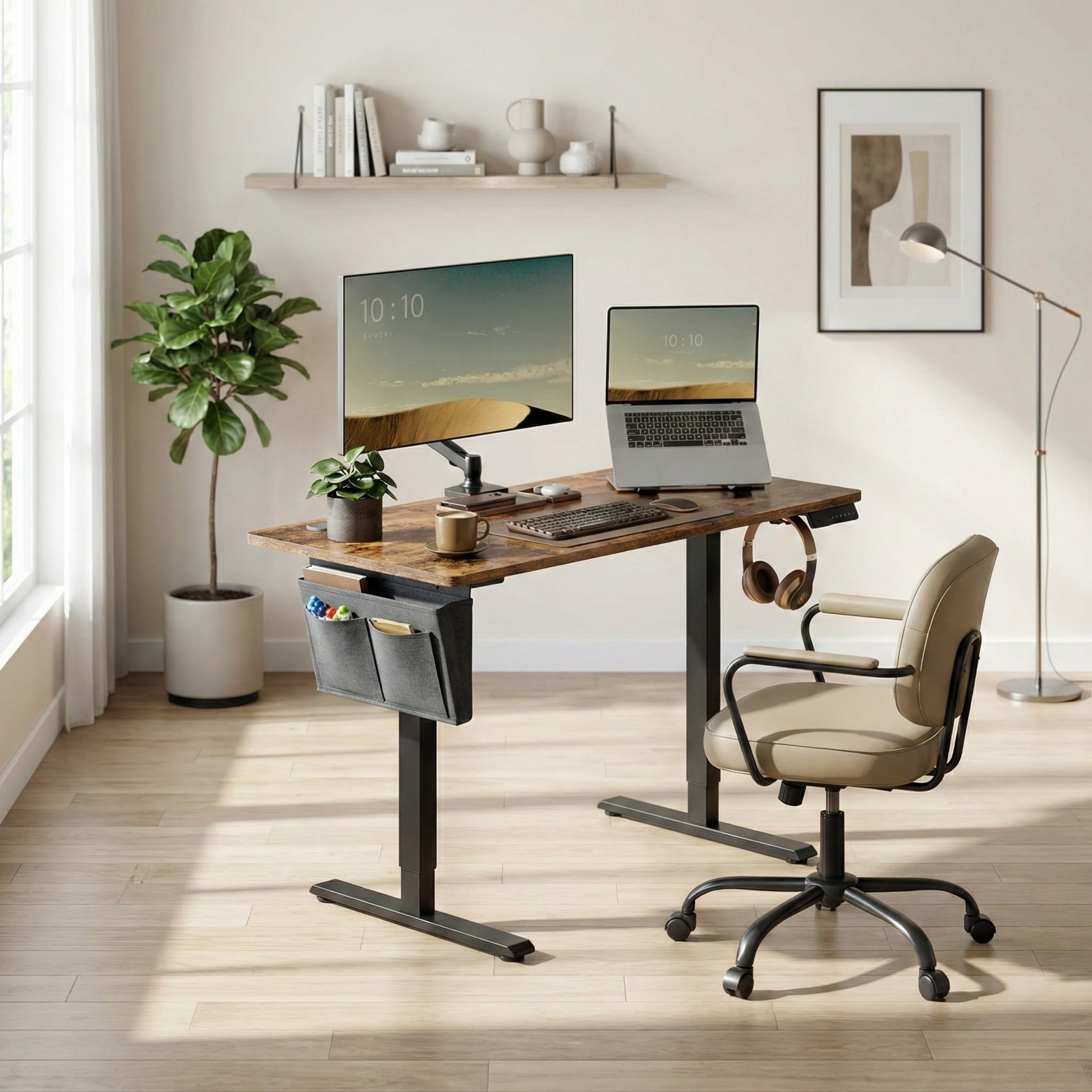 Standing desk Deskon in brown, Height electric adjustable, in a modern office