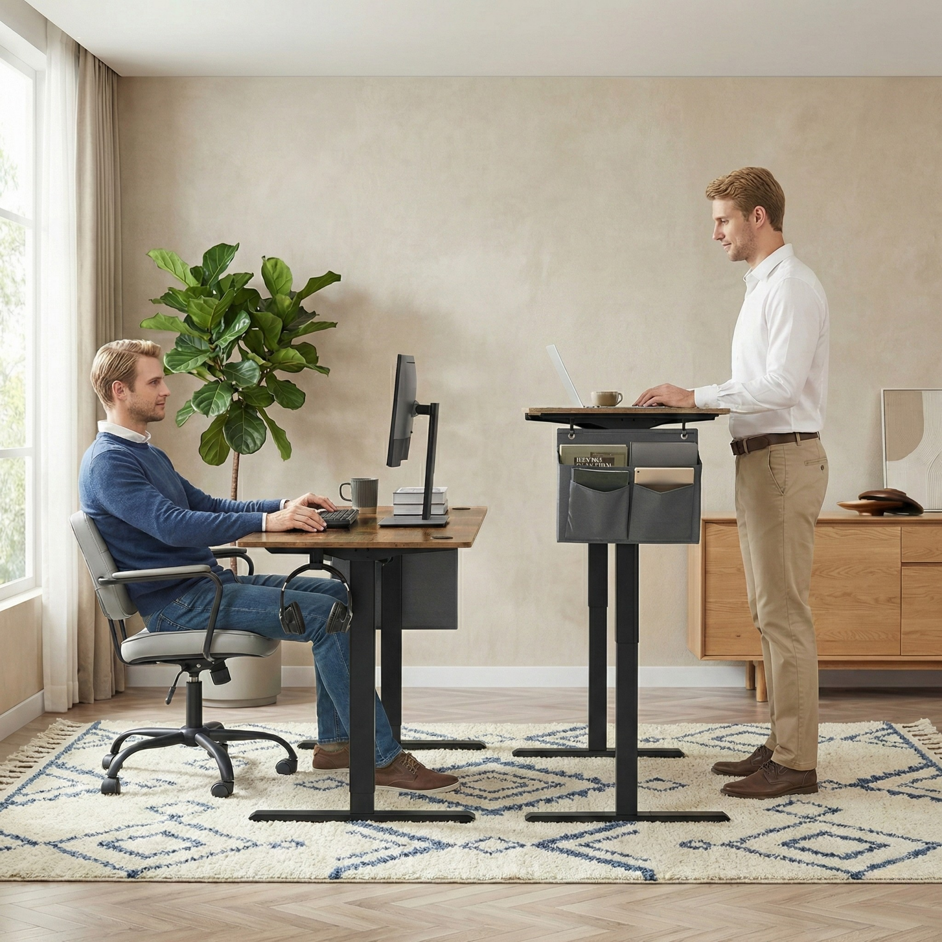 Sitting and standing positions for the deskon standing desk.