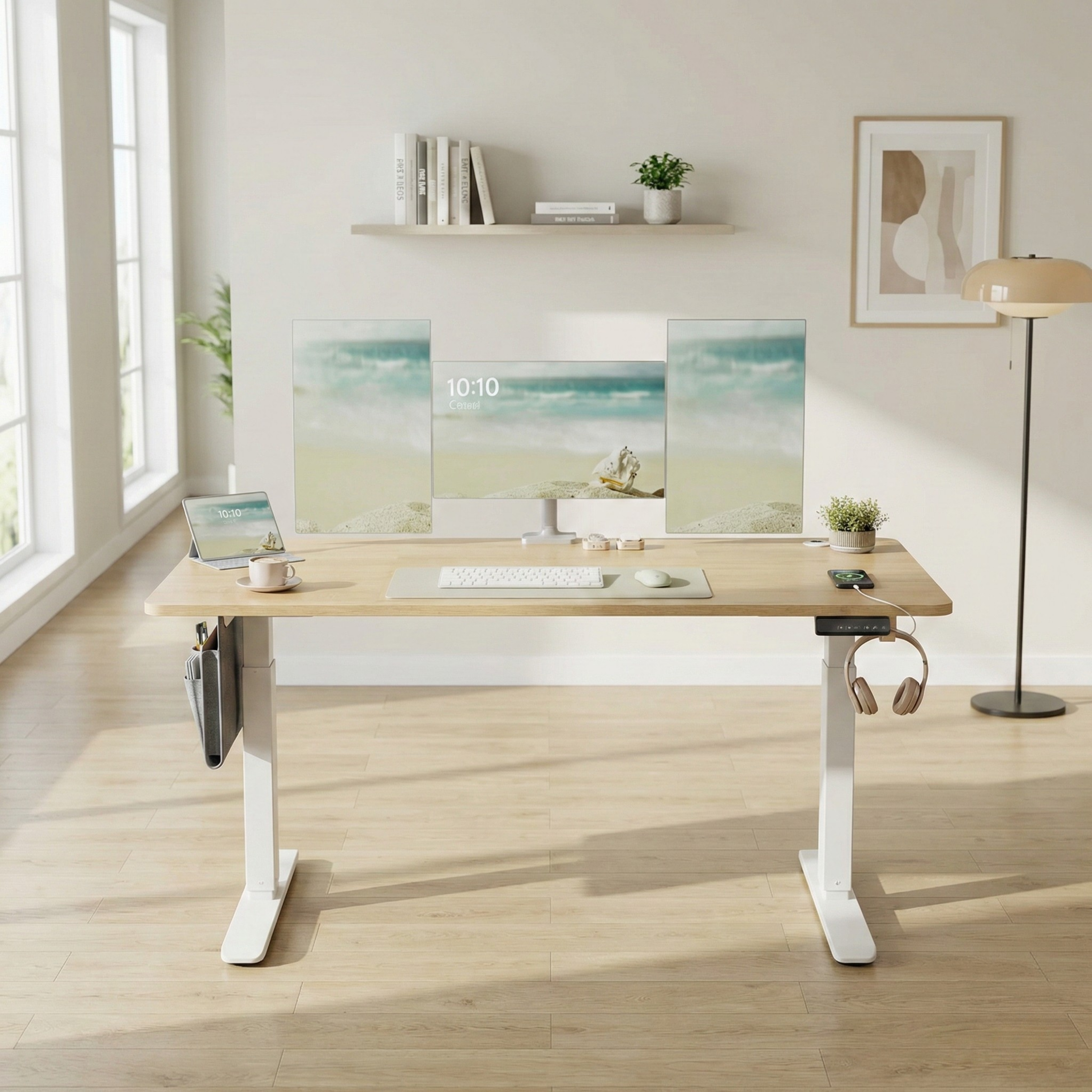 Standing desk Deskon in light brown, Height electric adjustable, in a modern office, in a different view