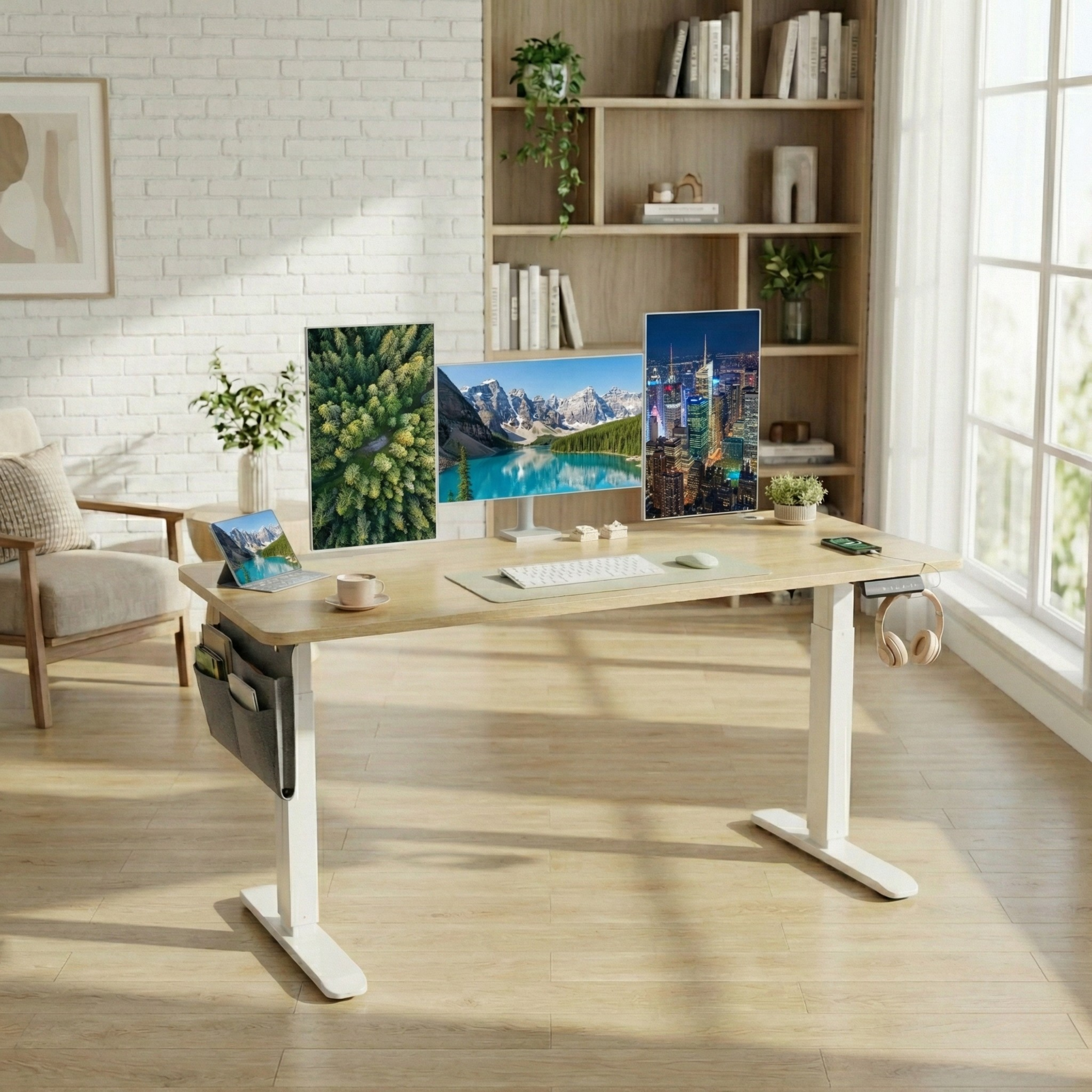 Standing desk Deskon in light brown, Height electric adjustable, in a modern office
