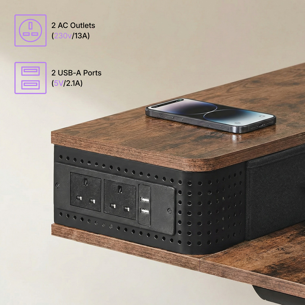 The built-in power strip of Deskon Electric Standing desk, with 2 AC Outlets and 2 USB-A Ports