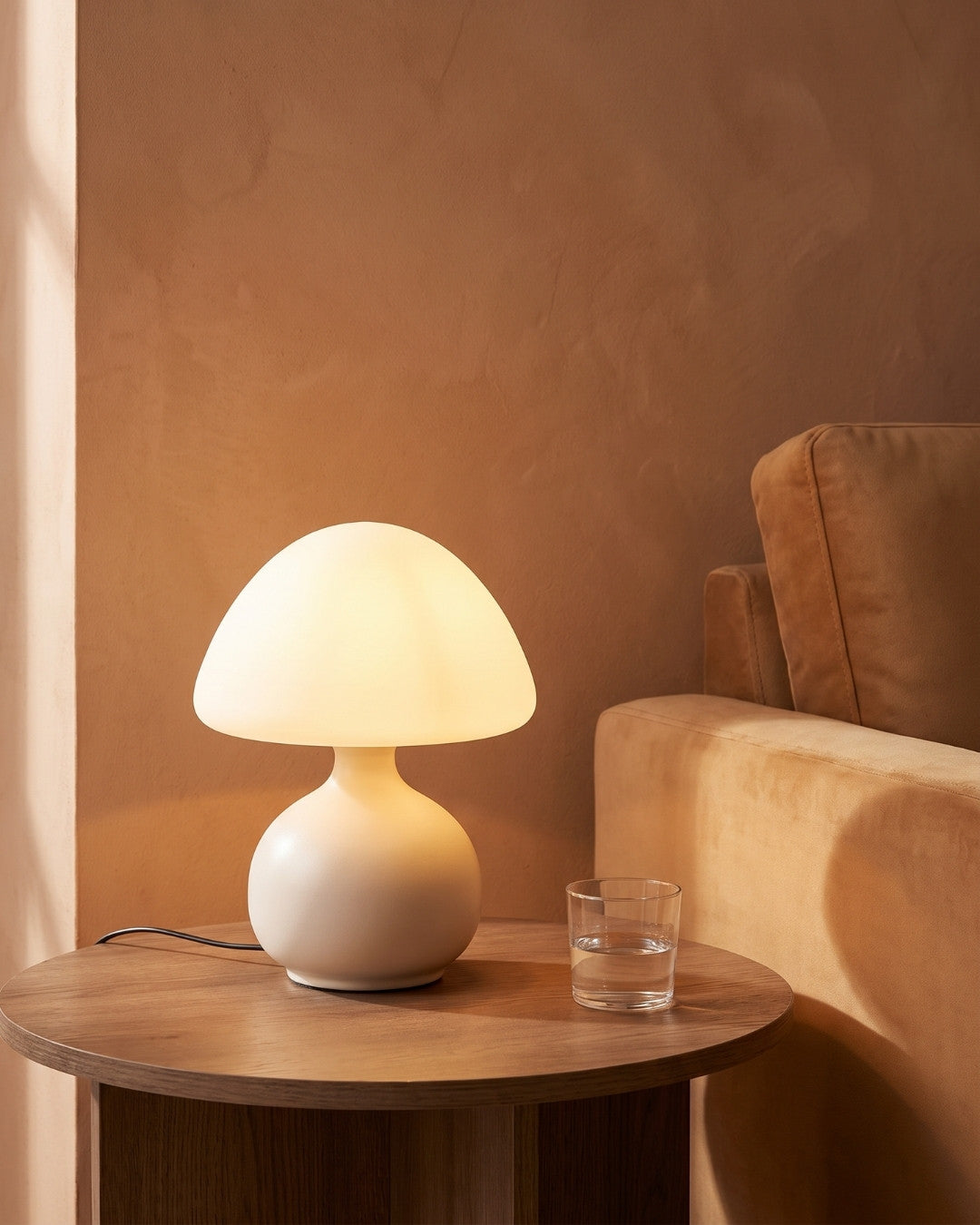 Garlen table lamp in cream lit on a side table in a living room