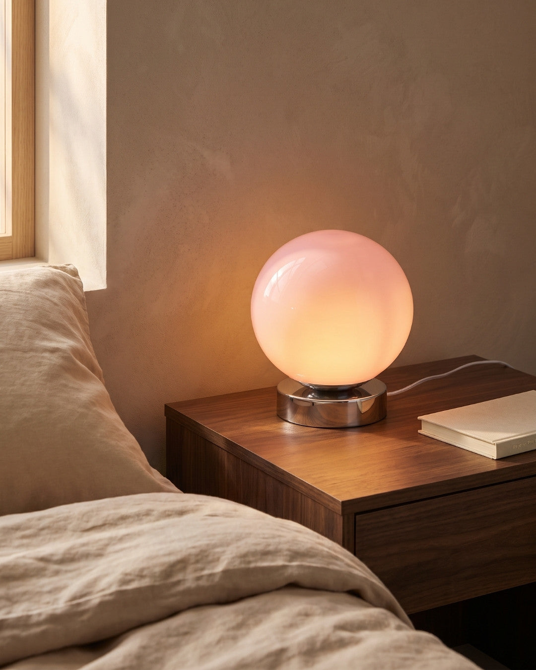 Olmo table lamp in pink lit on a nightstand beside a bed