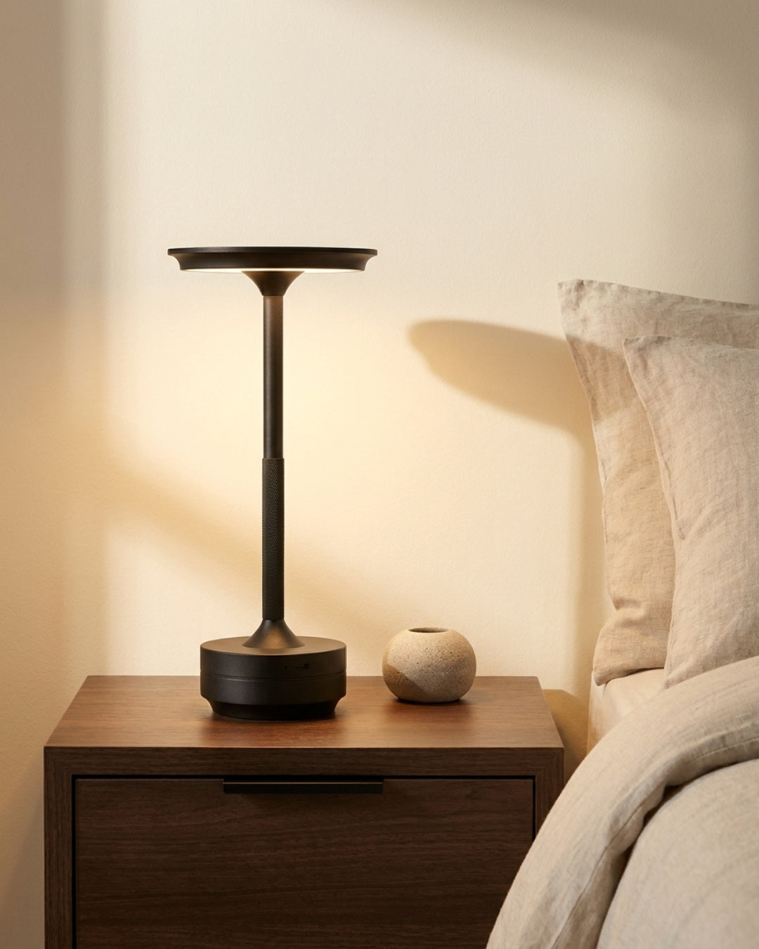 Brenna table lamp in matte black lit on a nightstand in a bedroom