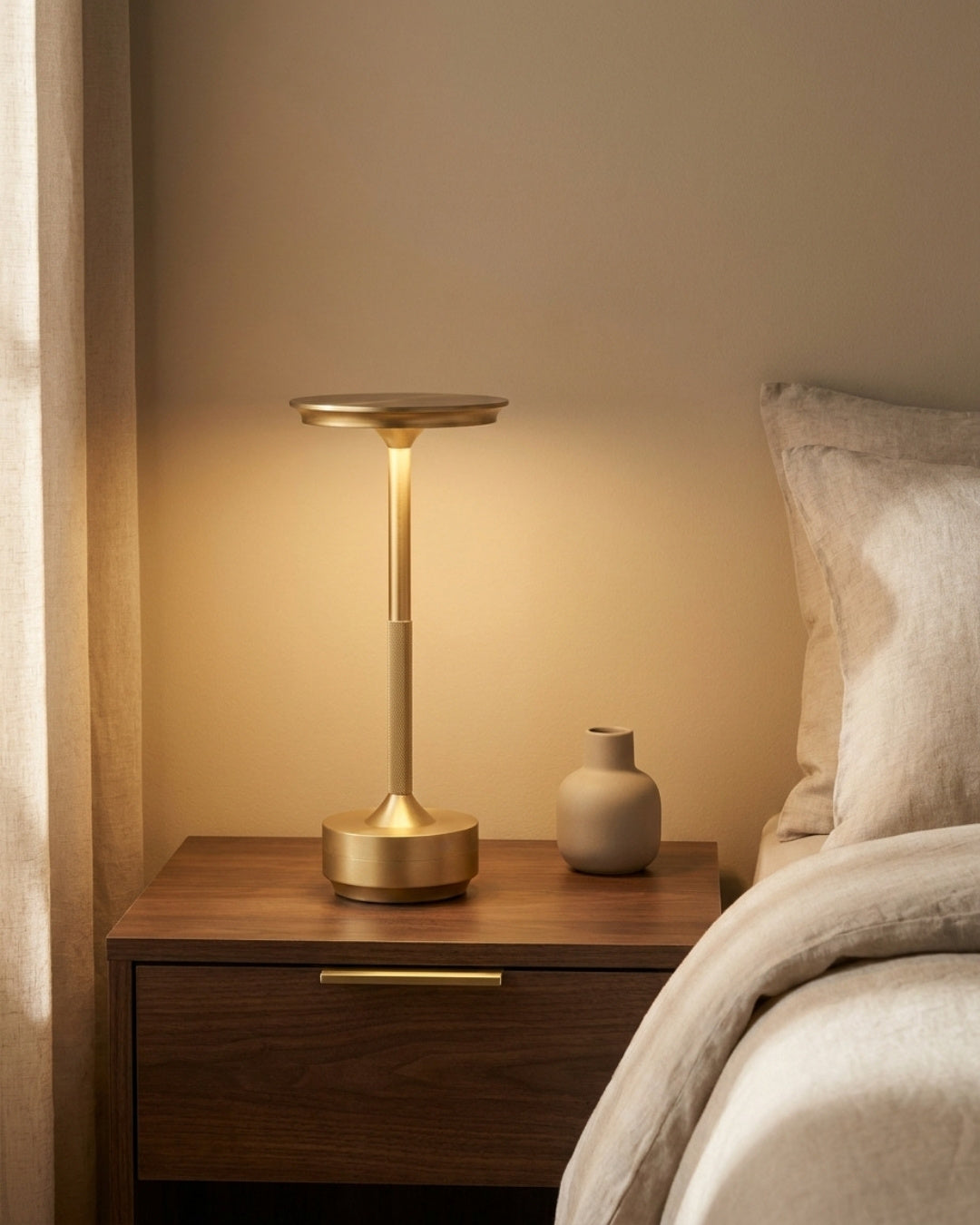 Brenna table lamp in gold lit on a nightstand in a bedroom