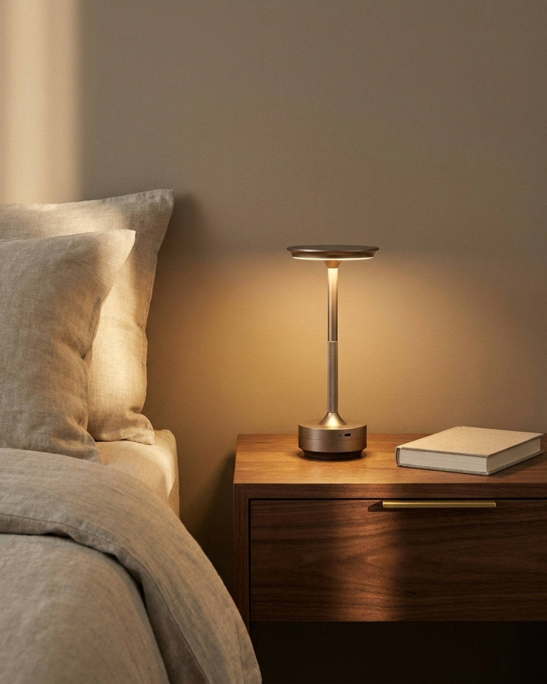 Brenna table lamp in silver lit on a nightstand in a bedroom