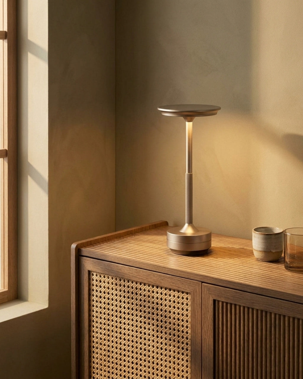 Brenna table lamp in silver lit on a wooden chest of drawers