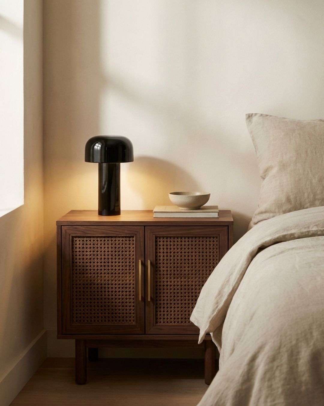 Halo table lamp in black lit on a nightstand beside a bed