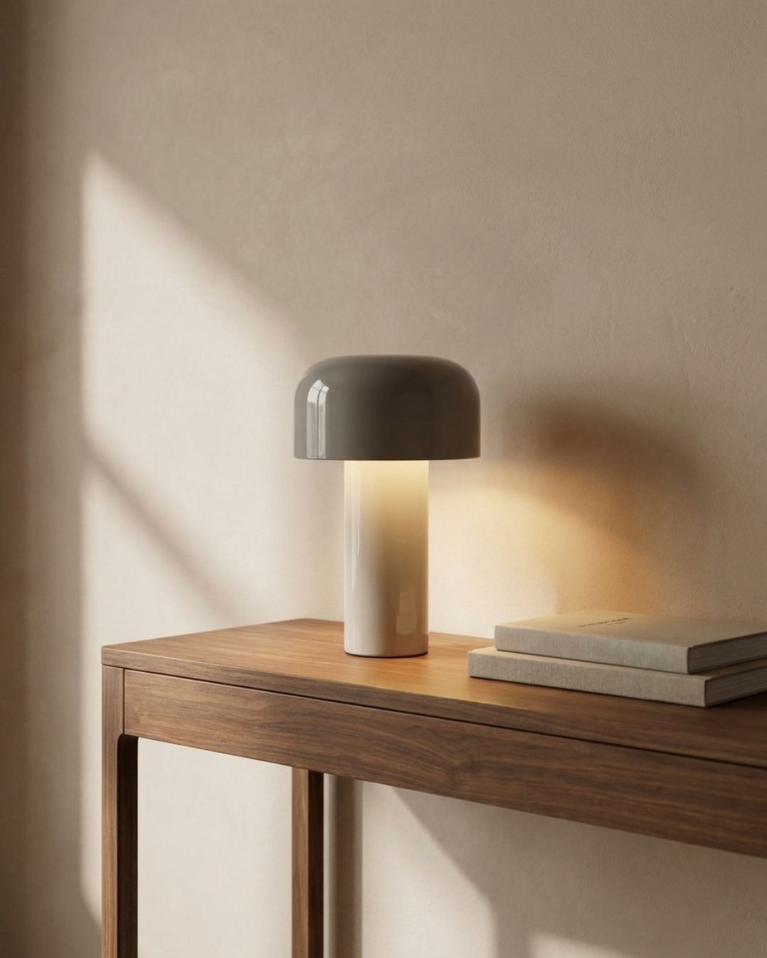 Halo table lamp in grey lit on a console in a living room