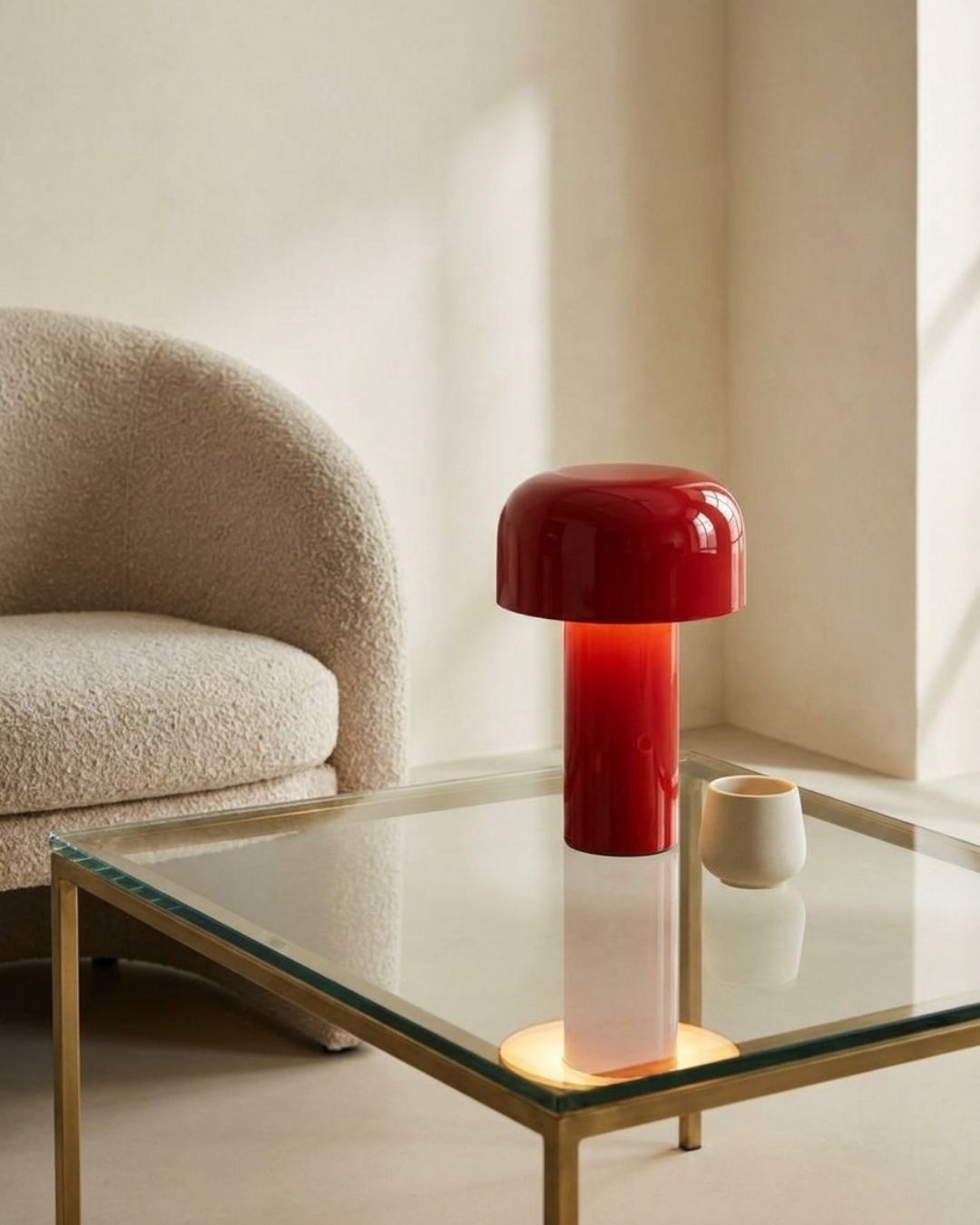 Halo table lamp in red lit on a glass coffee table