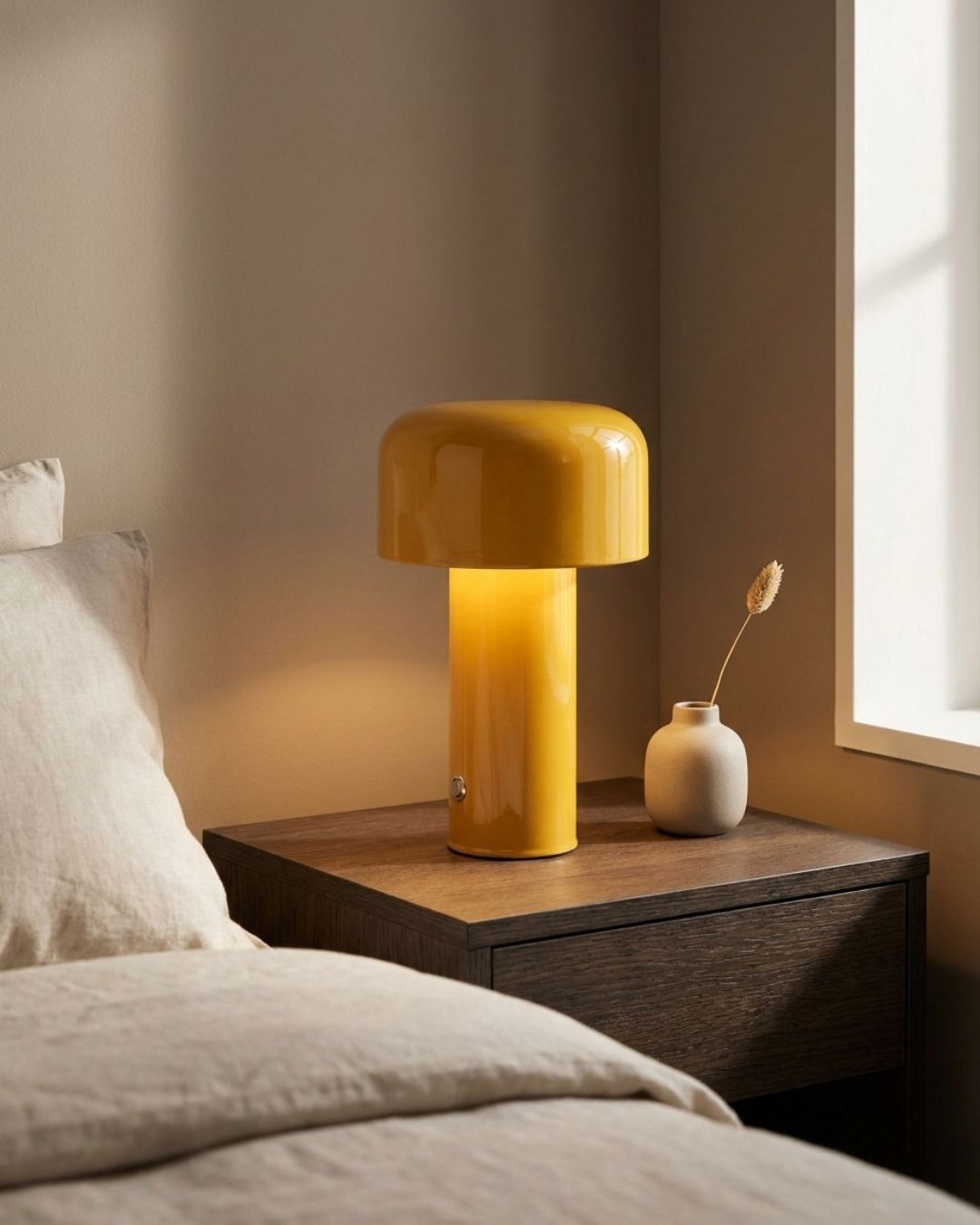 Halo table lamp in yellow lit on a nightstand in a bedroom