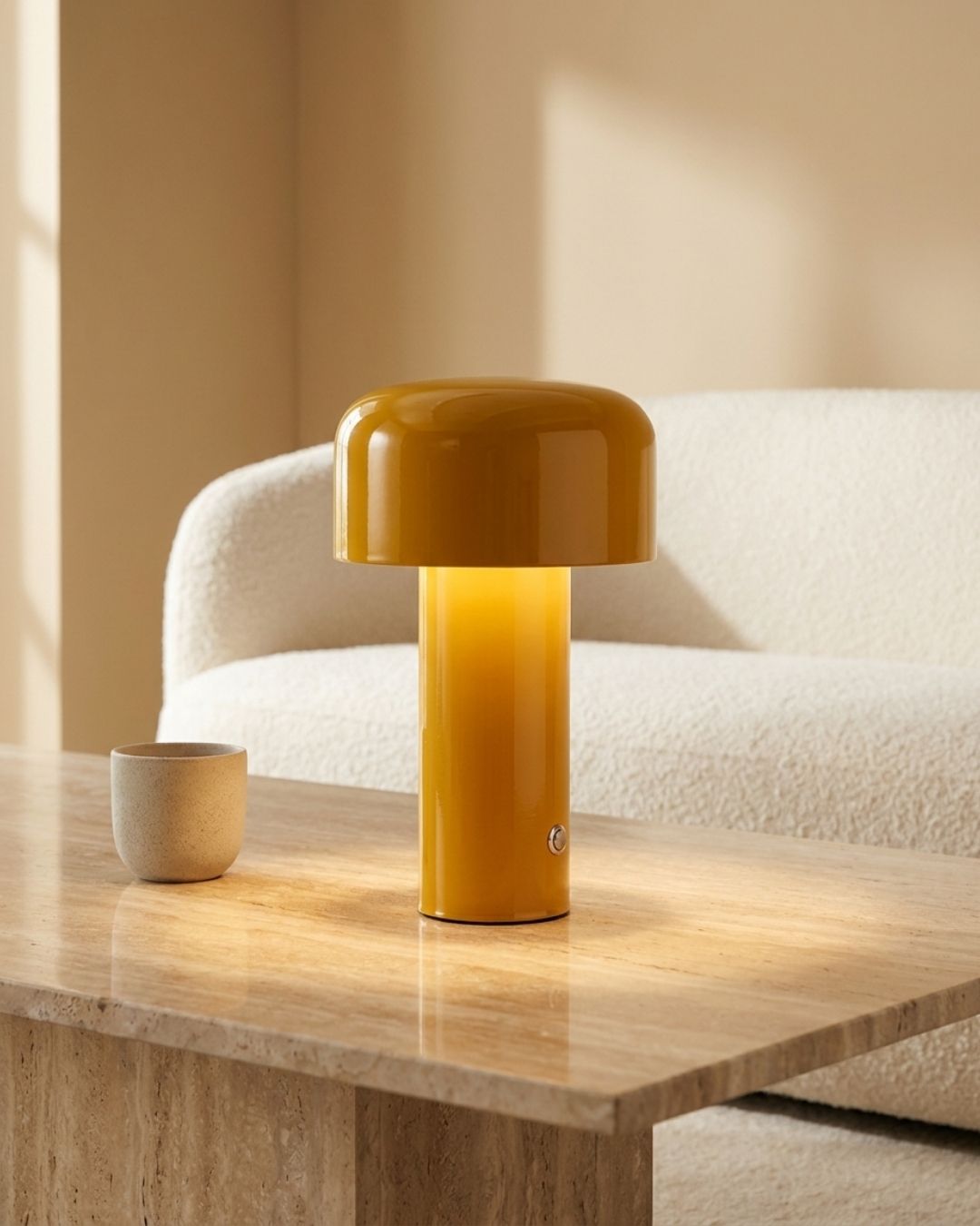 Halo table lamp in yellow lit on a marble table