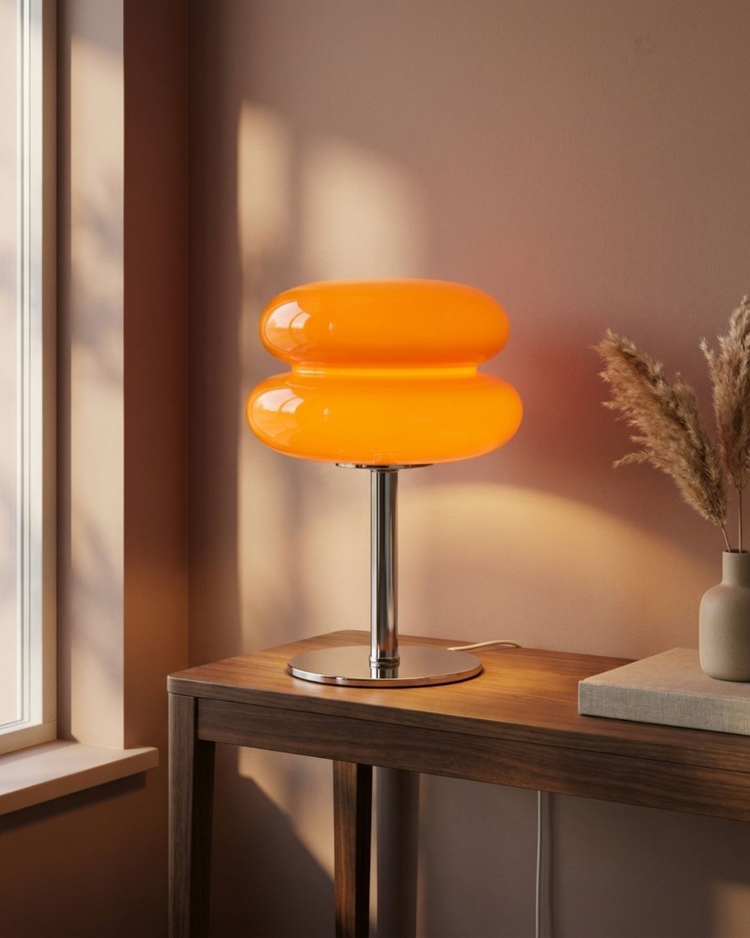Olvetti table lamp in orange lit on a wooden console in a living room