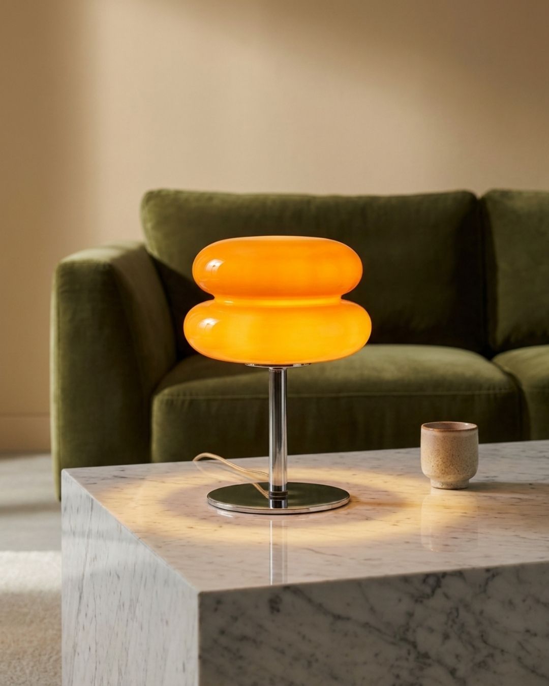 Olvetti table lamp in orange lit on a marble table beside a green sofa