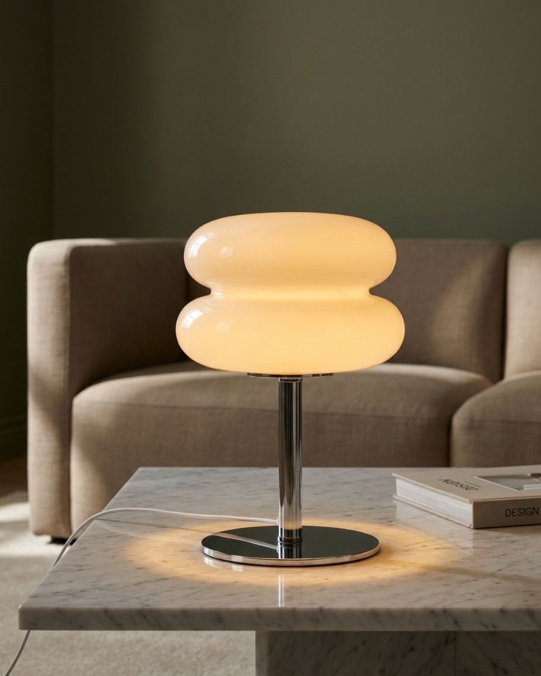 Olvetti table lamp in white lit on a marble table beside a grey sofa