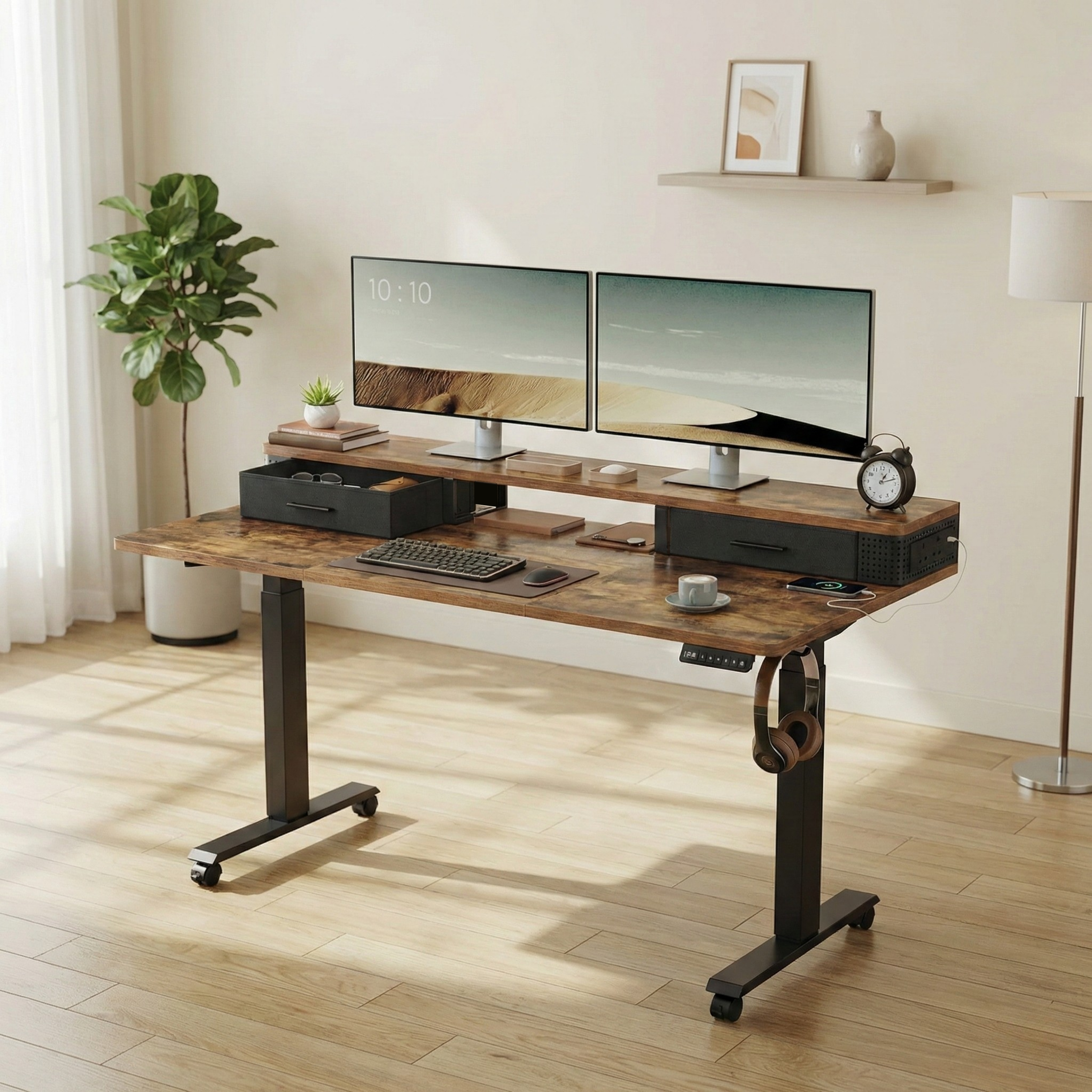 Electric standing desk Deskon in brown, Built-in power strip, Height electric adjustable, in home office